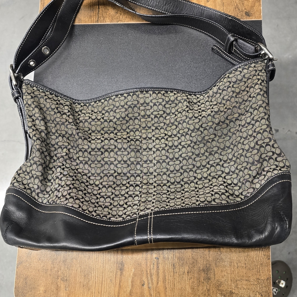 Coach Signature Pattern Shoulder Bag in Black and Tan